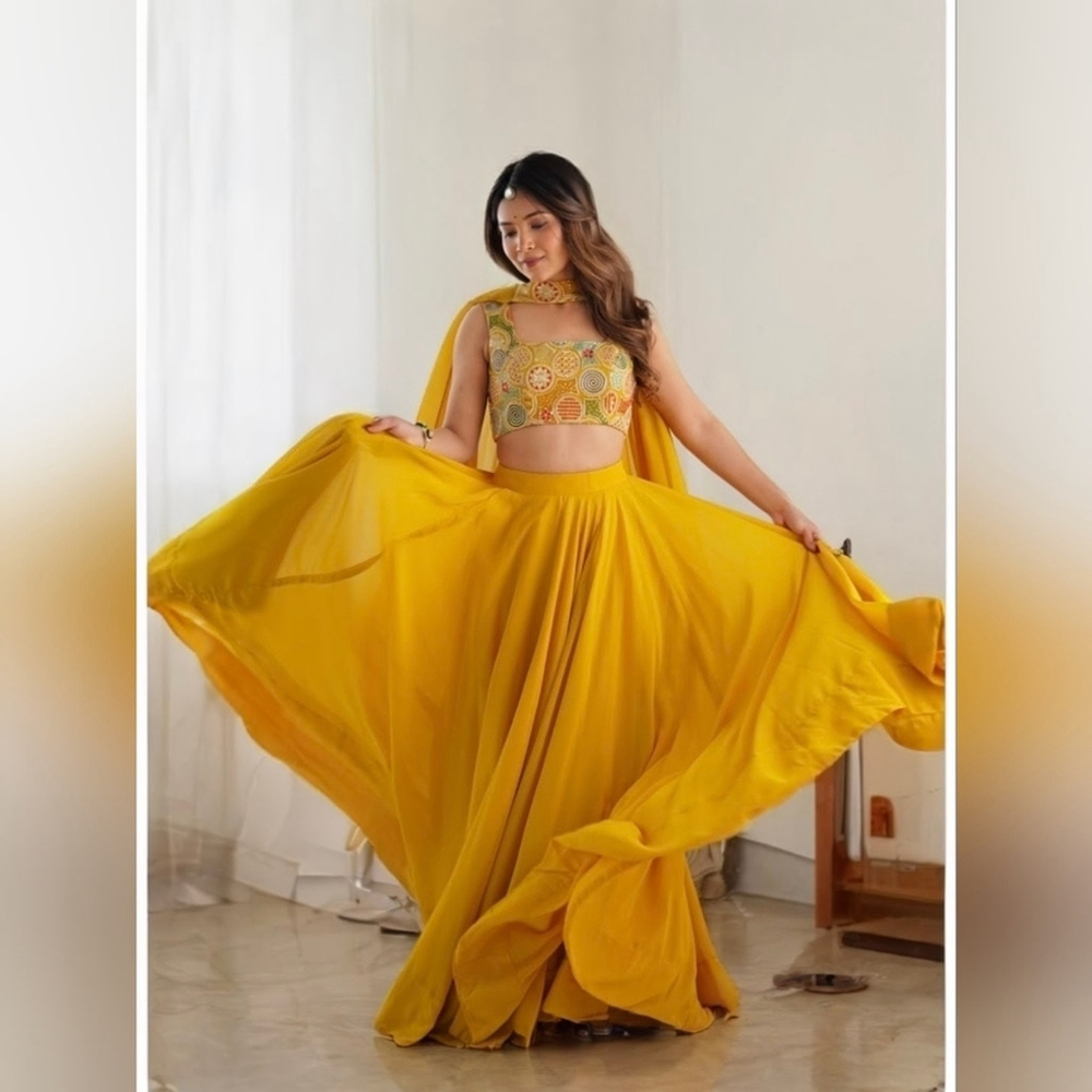 Yellow Floral Embroidered Crop Top Lehenga Dupatta Set Indian Outfit